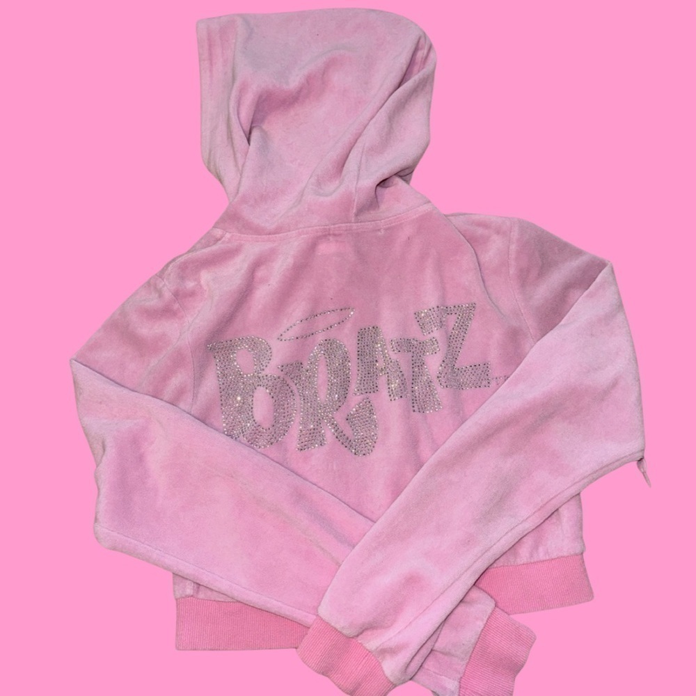 BRATZ x DOLLSKILL pink velour cropped rhinestoned zip up